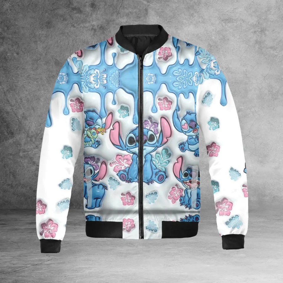 Stitch Ohana Means Family Hibiscus Flower Inflated Effect Jacket