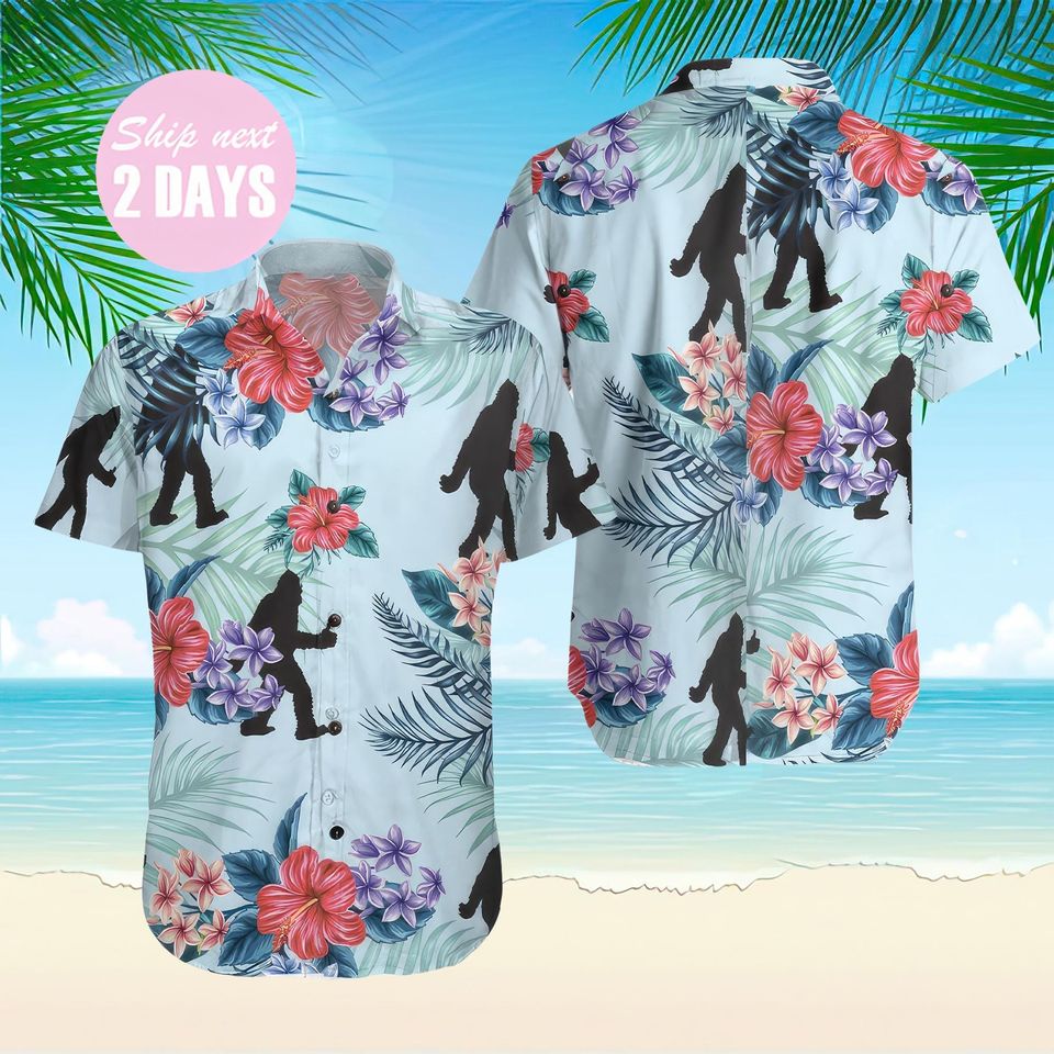 Arctic Blue Texas Floral And Leaves Bigfoot Hawaiian Shirt, Sasquatch Button Up Shirt, Tropical Hawaii Shirt, Bigfoot Summer Aloha Shirt
