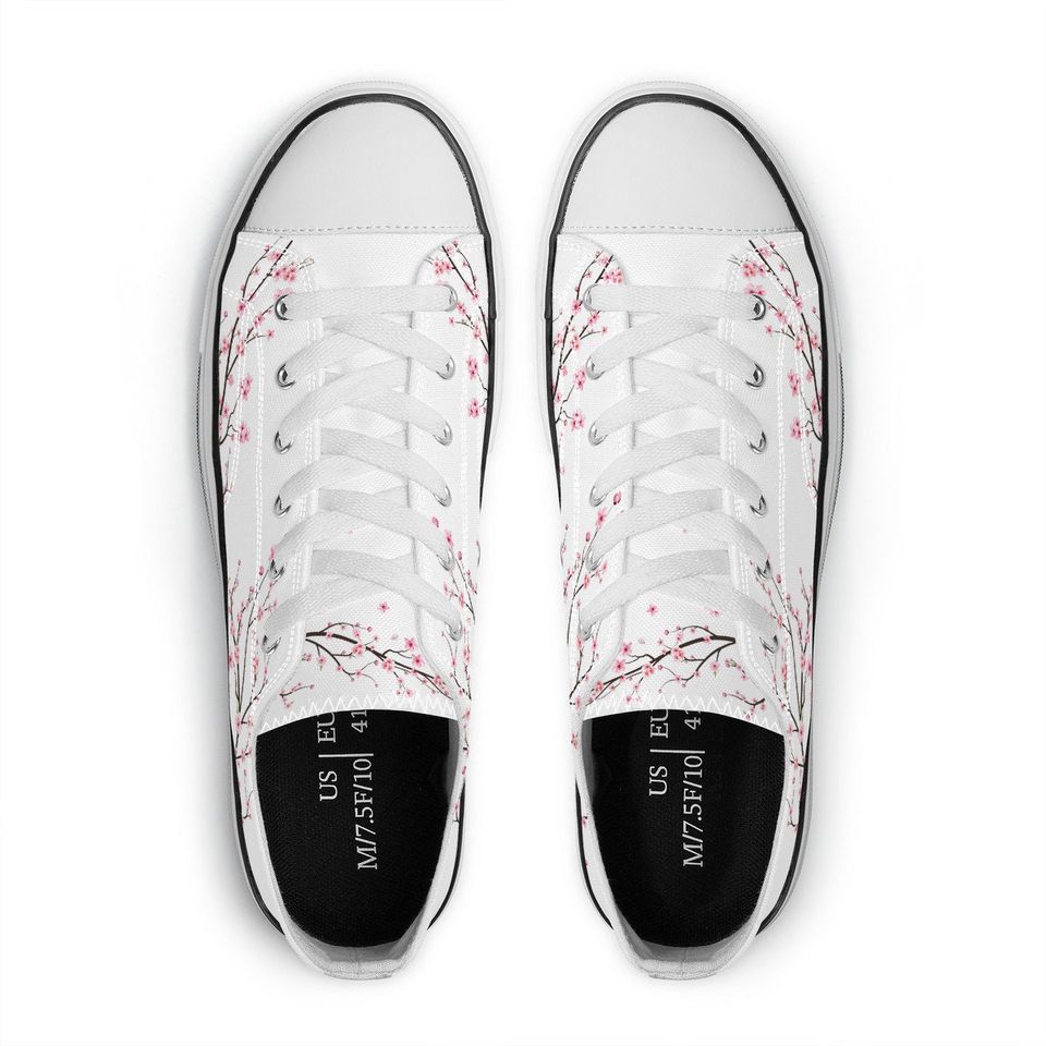 Snow White Unisex Cherry Blossom flower Converse style Low tops, Original Sakura shoes for him, Women Low top sneakers, Kawaii shoes