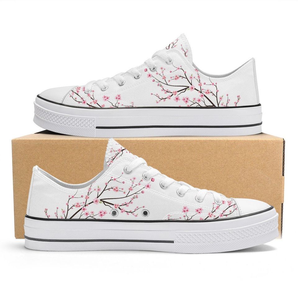 Snow White Unisex Cherry Blossom flower Converse style Low tops, Original Sakura shoes for him, Women Low top sneakers, Kawaii shoes