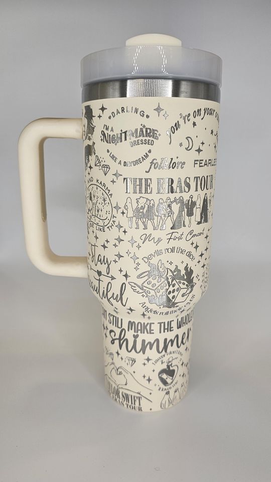 Cream White TS Eras Tour with Silver Underlayer 40oz Tumbler