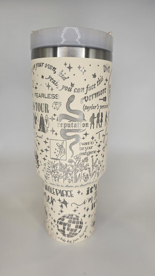 Cream White TS Eras Tour with Silver Underlayer 40oz Tumbler