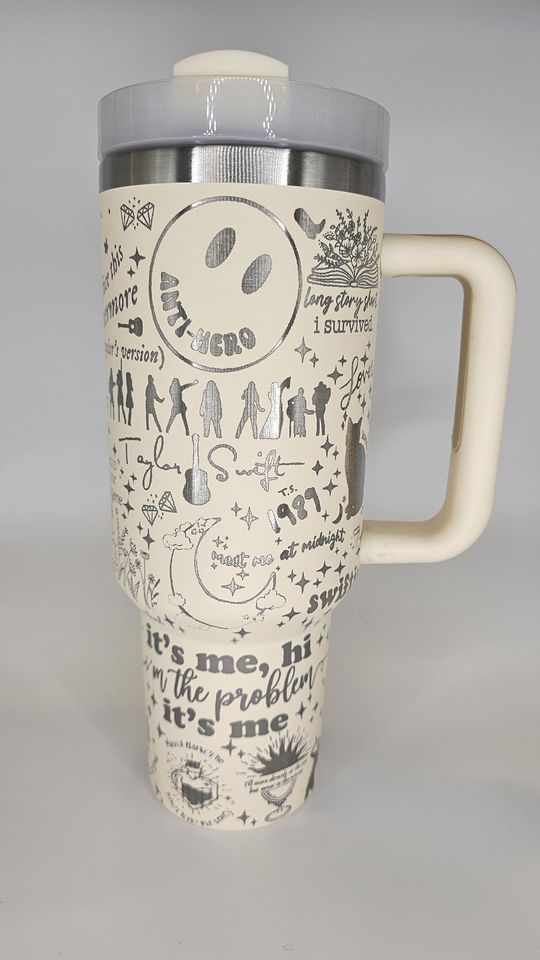 Cream White TS Eras Tour with Silver Underlayer 40oz Tumbler