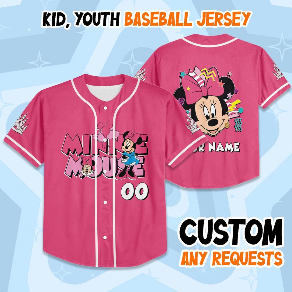 Custom Minnie Mouse Collection Baseball Jersey, Disney Minnie Baseball Shirt, Disneyland Jersey, Disneyworld Shirt, Magic Kingdom Gifts