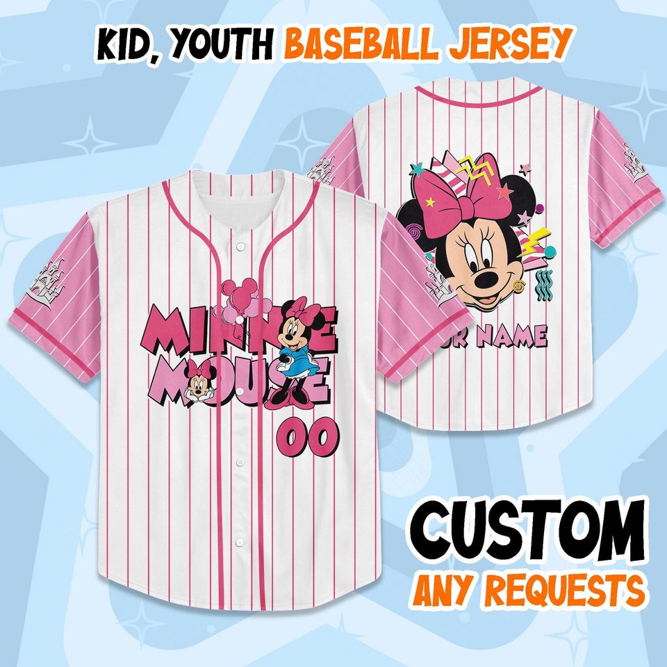 Custom Minnie Mouse Collection Baseball Jersey, Disney Minnie Baseball Shirt, Disneyland Jersey, Disneyworld Shirt, Magic Kingdom Gifts