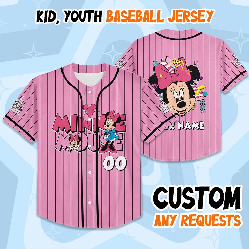 Custom Minnie Mouse Collection Baseball Jersey, Disney Minnie Baseball Shirt, Disneyland Jersey, Disneyworld Shirt, Magic Kingdom Gifts