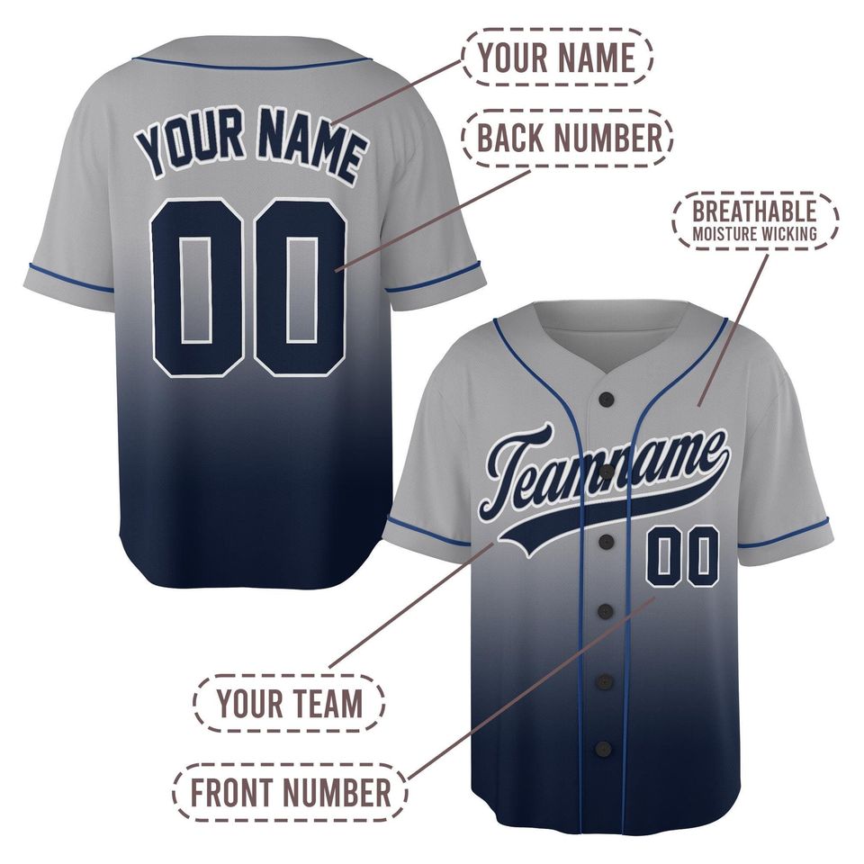 Personalize Team Name And Number Striped Gradient Grey Navy, Custom Baseball Jersey, Baseball Jersey For Baseball Fans, Striped jersey Team