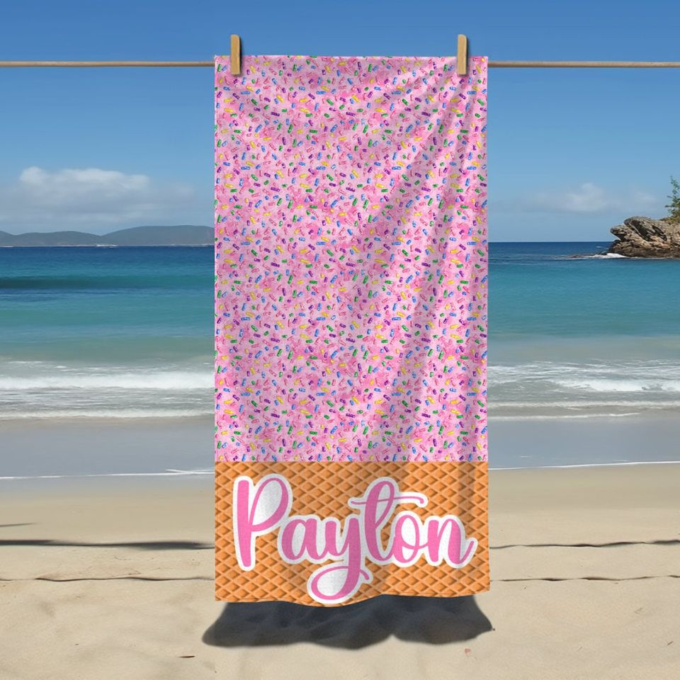 Personalized Ice Cream Cone Sprinkles Colorful Beach Towel