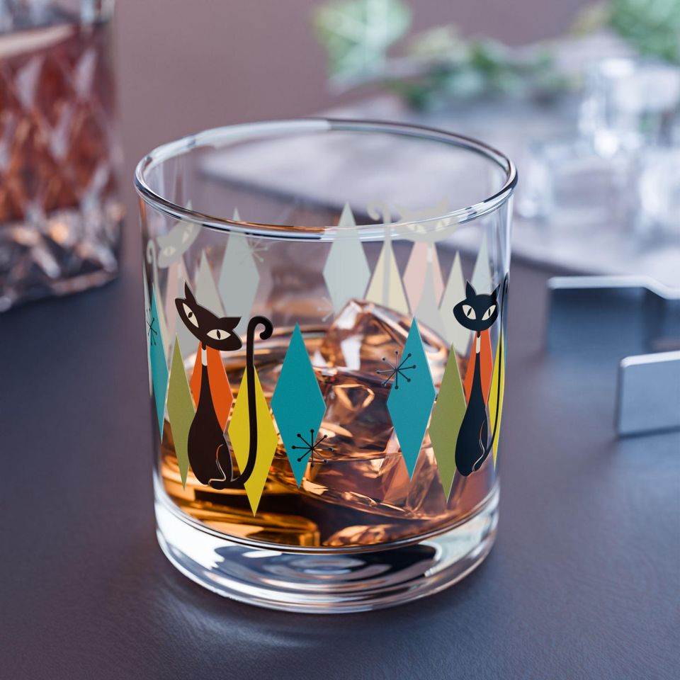 Atomic Cat Rock Glasses Retro Drinkware Mid Century Modern Whiskey Glass Gifts Unique Cat Lover Present MCM Retro Cat Barware Home Decor