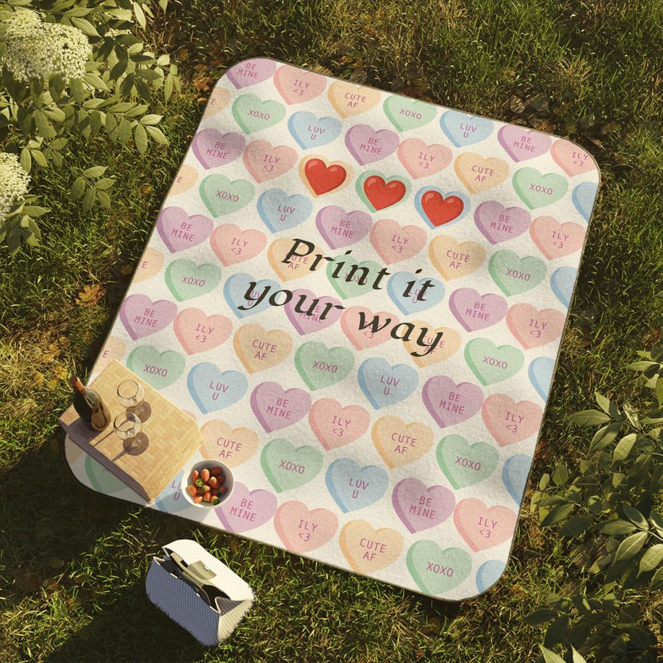 Water Resistant Personalized Valentines Day Heart Picnic Blanket, Custom Stadium Blanket Gift, Outdoor Camping; Beach Mat, Carrying Strap