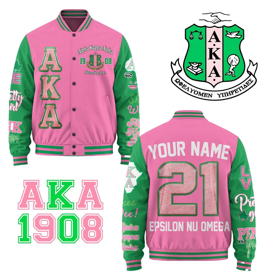 Alpha Kappa Alpha Baseball Jacket, Pink and Green Shirt
