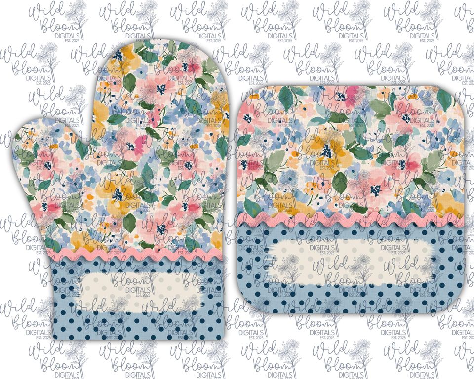 Pastel Spring Wildflowers Oven Mitt and Pot Holder Sublimation Design