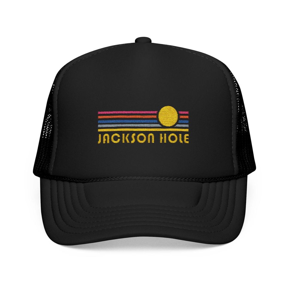 Jackson Hole, Wyoming Embroidered Foam Trucker Hat - Retro Sunset