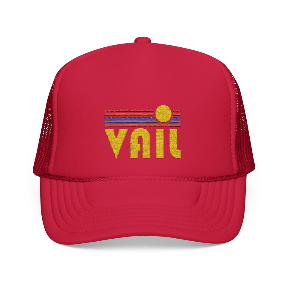 Vail, Colorado Embroidered Foam Trucker Hat - Retro Sunset