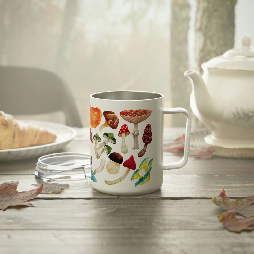 Painted Mushrooms 10oz Insulated Coffee Mug with Lid