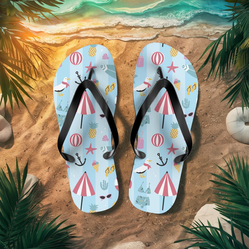 Beach Pattern Flip-Flops | Blue Stripe | Summer Sandals | Thong Sandals | Travel