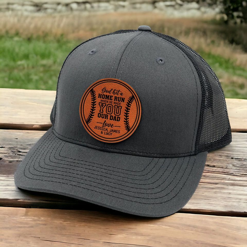 Custom Baseball Dad Trucker Hat Leather Patch - Personalized Father's Day Gift for Baseball Lover Leather Patch Cap