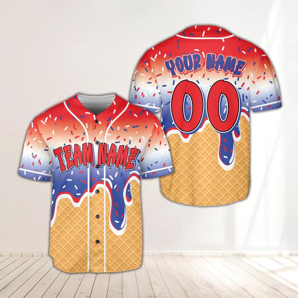 Personalized 4th Of July Baseball Jersey, Custom Name Patriotic Jersey, Red White Blue Ice Cream Drip Baseball Jersey, Independence Day Gift