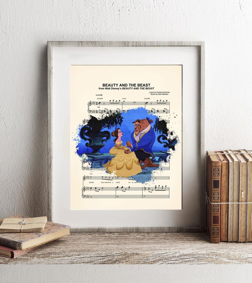 Beauty and the Beast Sitting on Balcony Splatter Sheet Music Art Print
