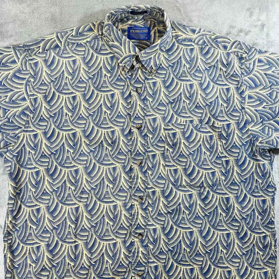 Pendleton Men’s Short Sleeve Button Shirt Hawaiian Bamboo Large Geometric Blue