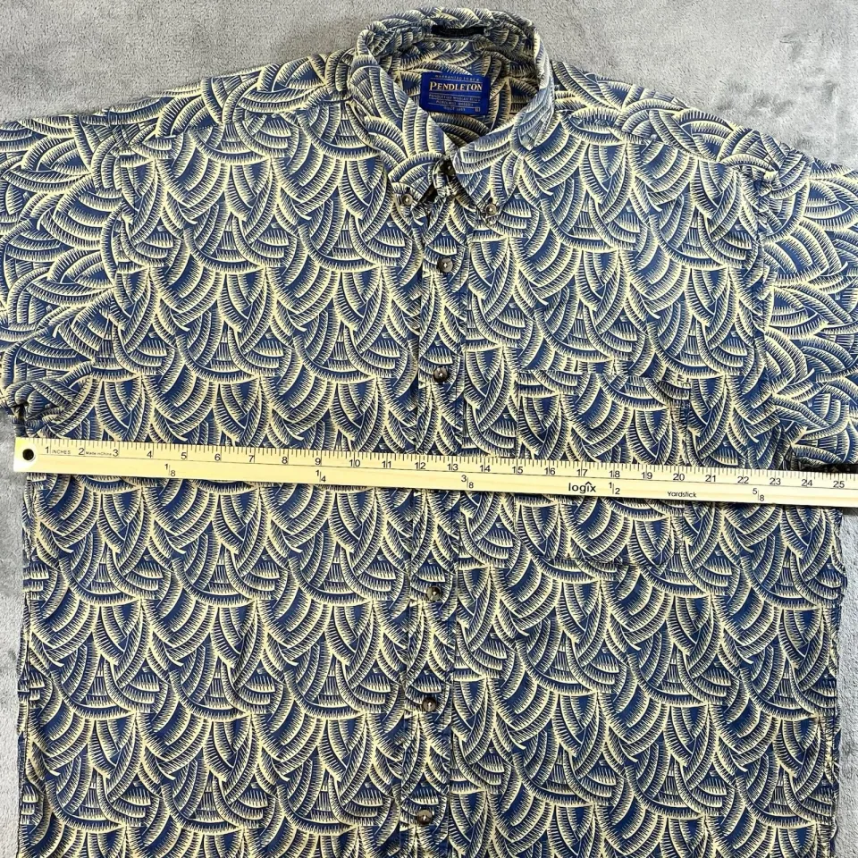 Pendleton Men’s Short Sleeve Button Shirt Hawaiian Bamboo Large Geometric Blue