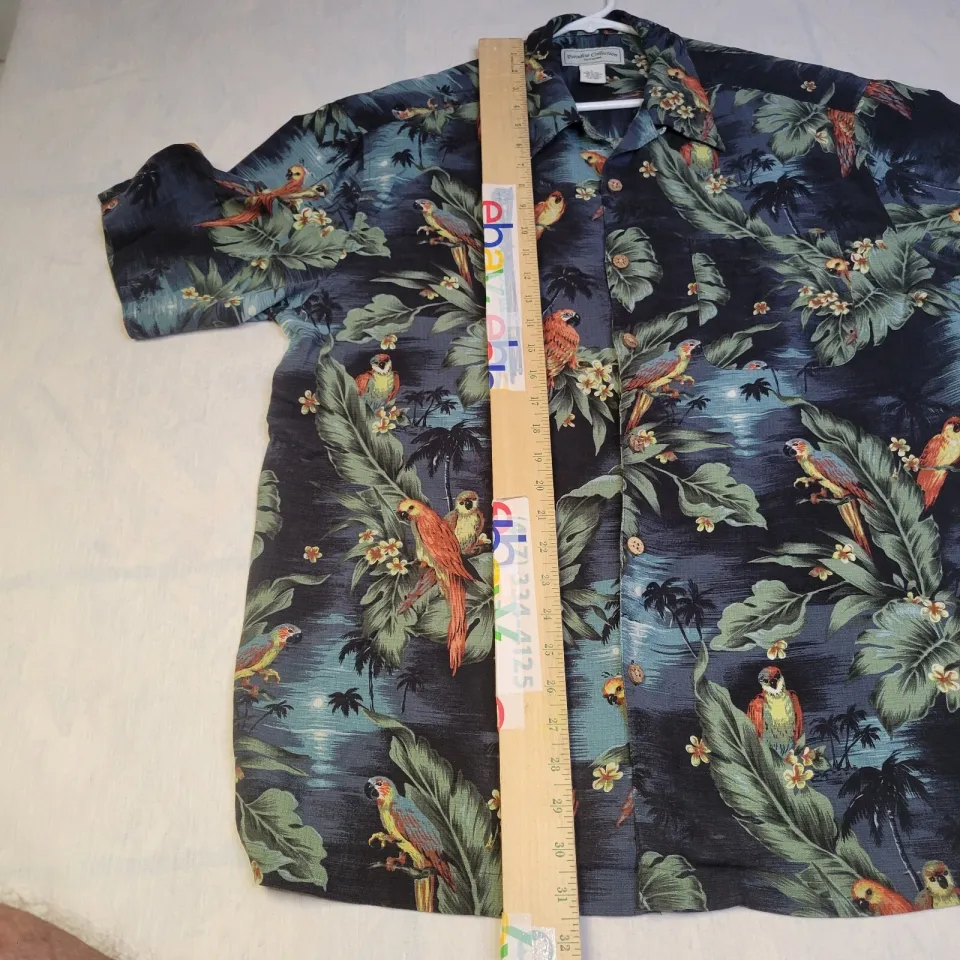 Paradise Collection Hawaiian Shirt Men L Silk Multi Color Parrot Bird & Floral