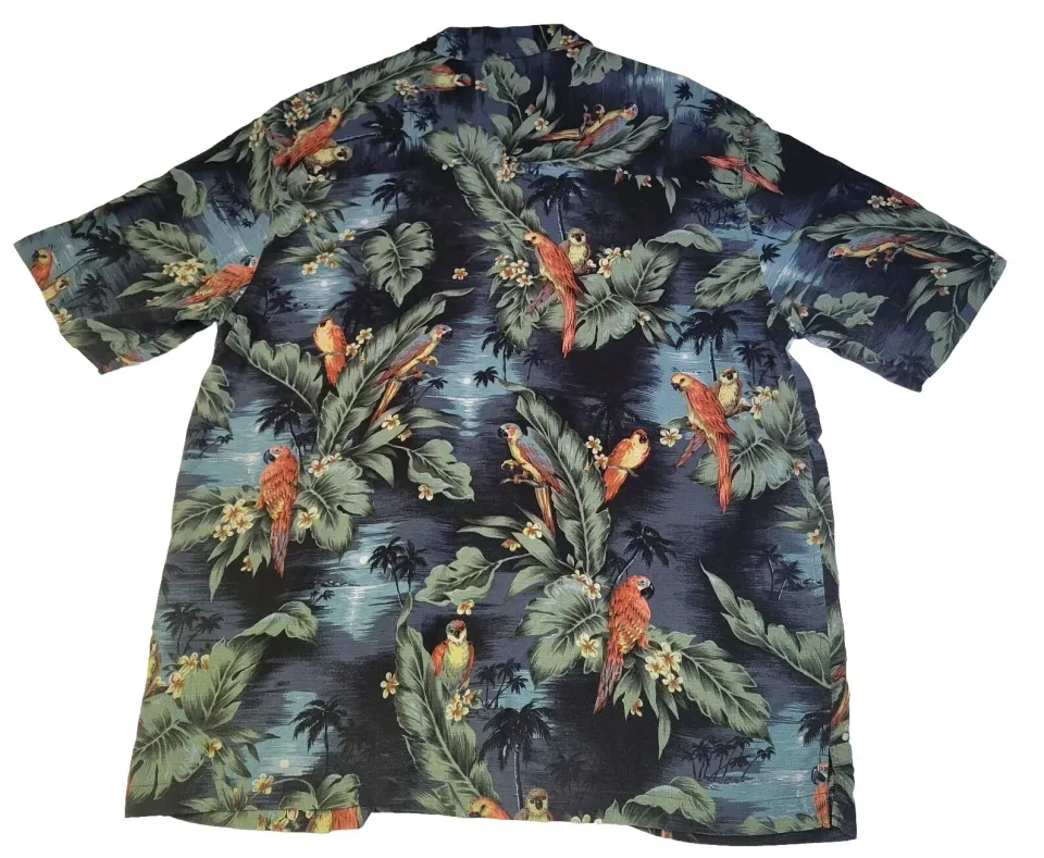 Paradise Collection Hawaiian Shirt Men L Silk Multi Color Parrot Bird & Floral