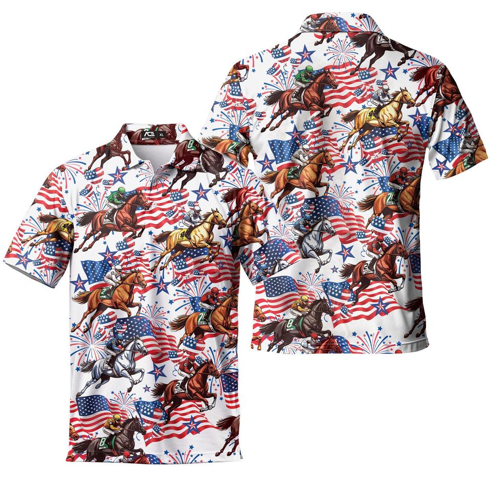 Funny Independence Day Horse Racing Polo Shirt for Men - USA Flag Casual Short Sleeve Golf Polo