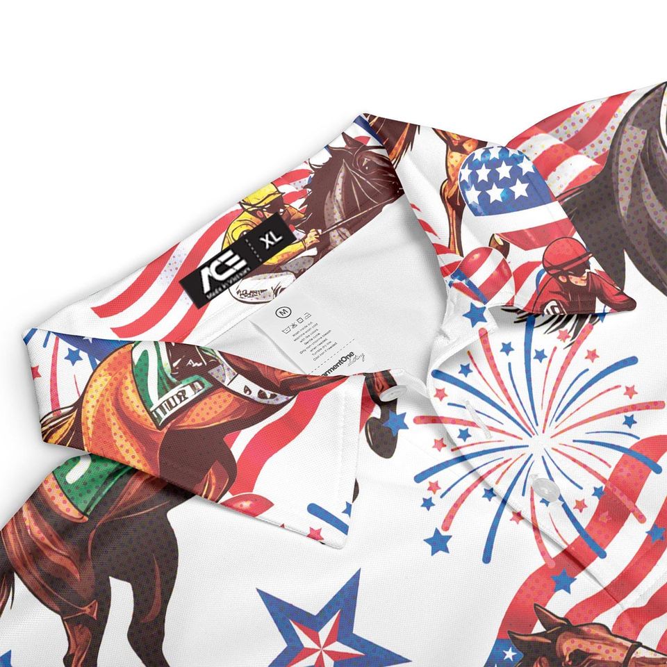 Funny Independence Day Horse Racing Polo Shirt for Men - USA Flag Casual Short Sleeve Golf Polo