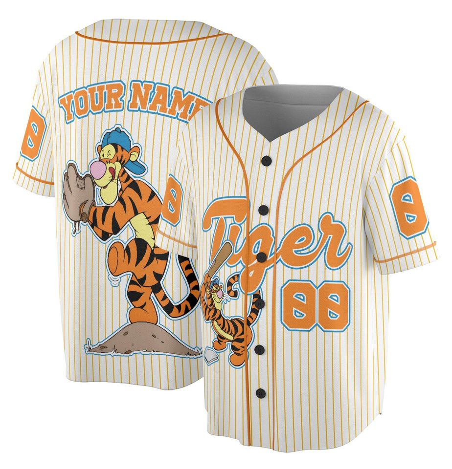 Custom Tigger Striped Jersey, Custom Kid Youth Adult Baseball Jersey, Tigger Jersey Birthday Gift