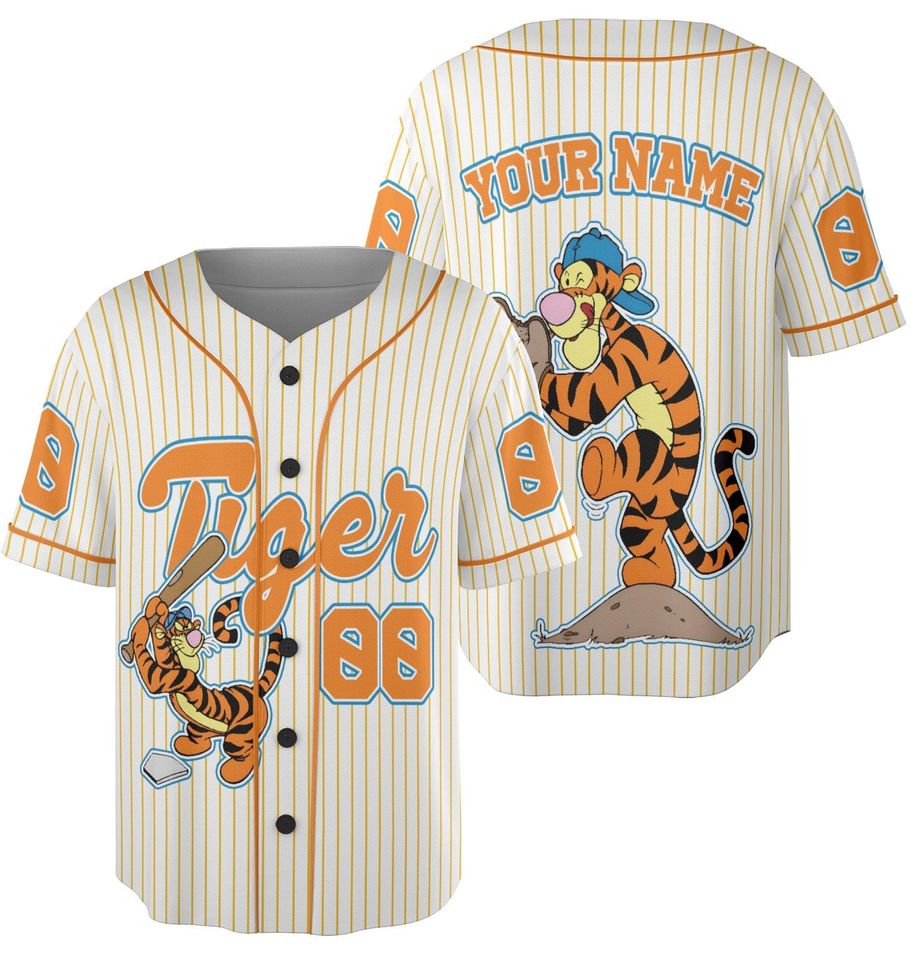 Custom Tigger Striped Jersey, Custom Kid Youth Adult Baseball Jersey, Tigger Jersey Birthday Gift