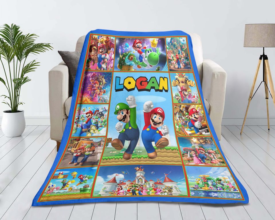 Super Mario Bros Fleece Blanket, Personalized Kids Bedding, Custom Name Blanket