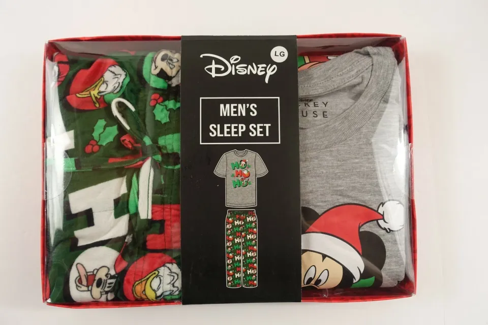 Disney Mickey Mouse Pajama Set Men Large Tee Microfleece Pajama Christmas HOHOHO