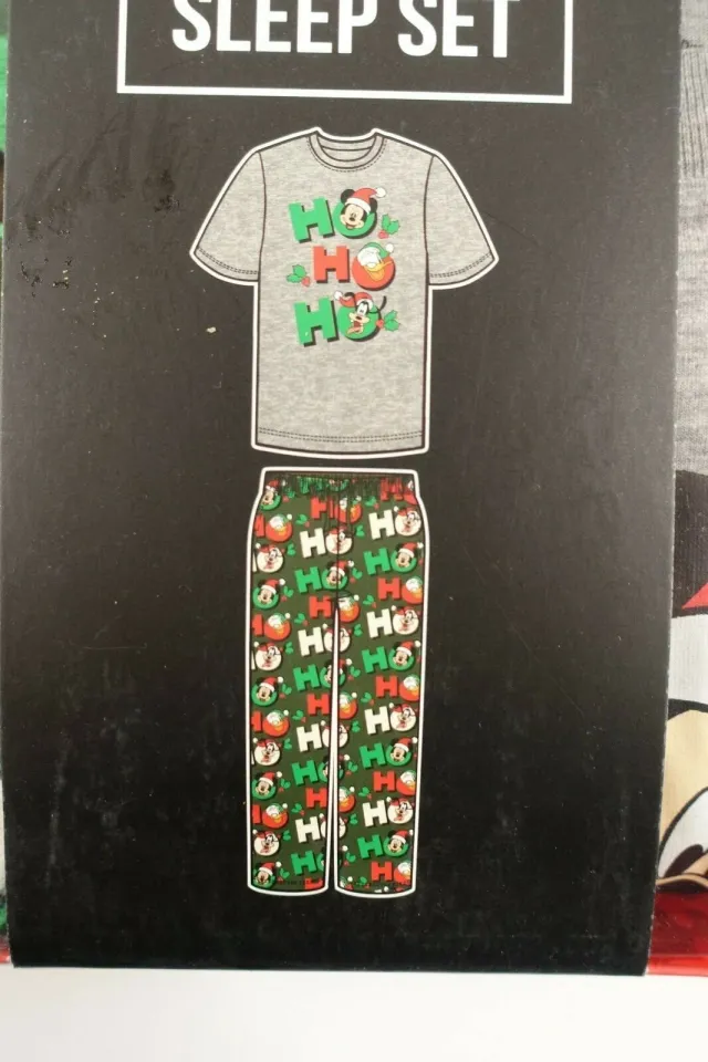 Disney Mickey Mouse Pajama Set Men Large Tee Microfleece Pajama Christmas HOHOHO