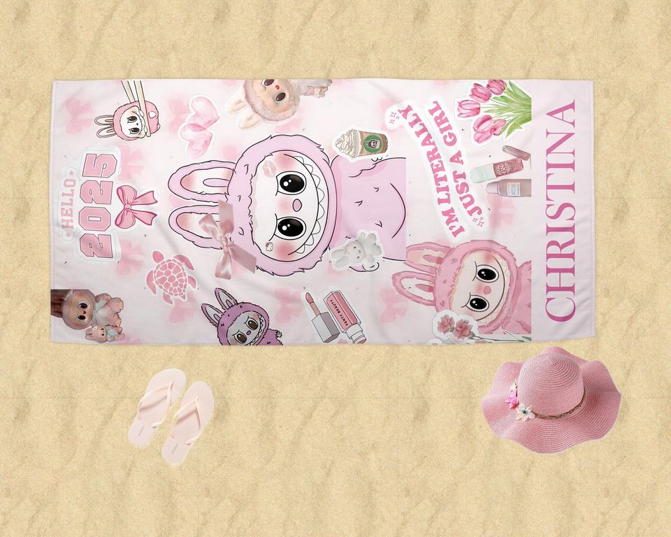 Labubu Personalized Beach Towel, Custom Name Pool Towel, Beach Towel with Name