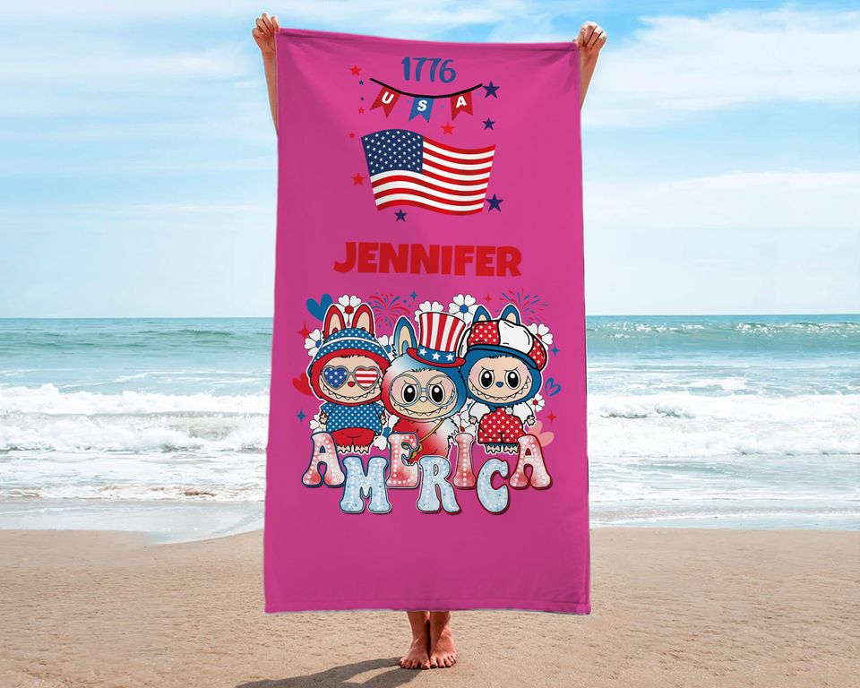 Labubu Personalized Beach Towel - Custom Name Bath Towel for Pool and Beach