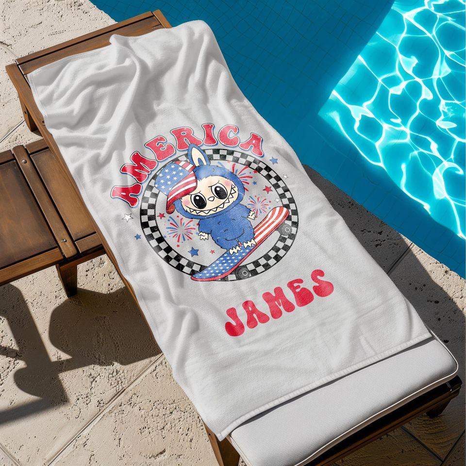 Labubu Personalized Beach Towel - Custom Name Bath Towel for Pool and Beach
