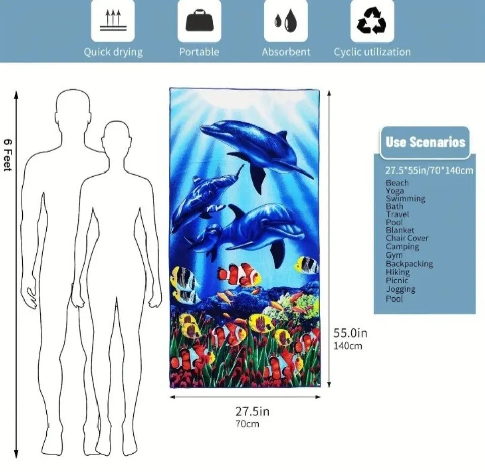 Microfiber Dolphin And Fish Print Beach Towel