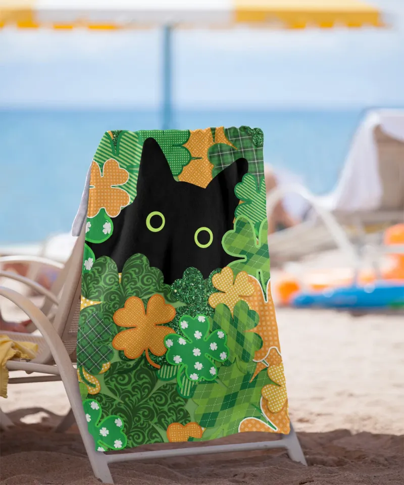 St. Patrick's Day Beach Towel 30"x60" Black Cat Lightweight Microfiber Bath