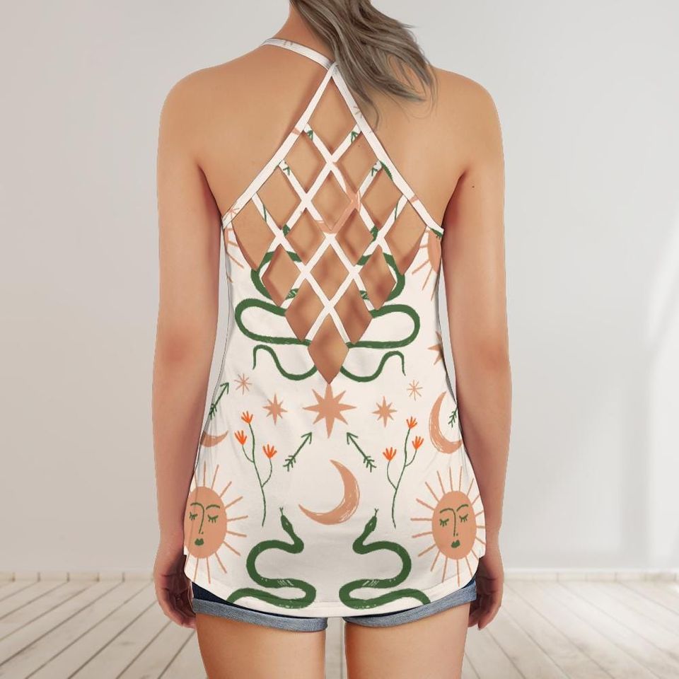 Snake Print Criss Cross Tank Top - Botanical Serpent Open Back Camisole - Nature Witchcore Summer Top