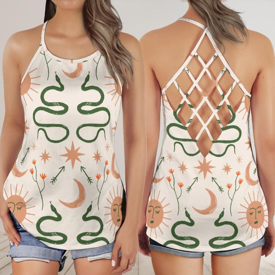 Snake Print Criss Cross Tank Top - Botanical Serpent Open Back Camisole - Nature Witchcore Summer Top