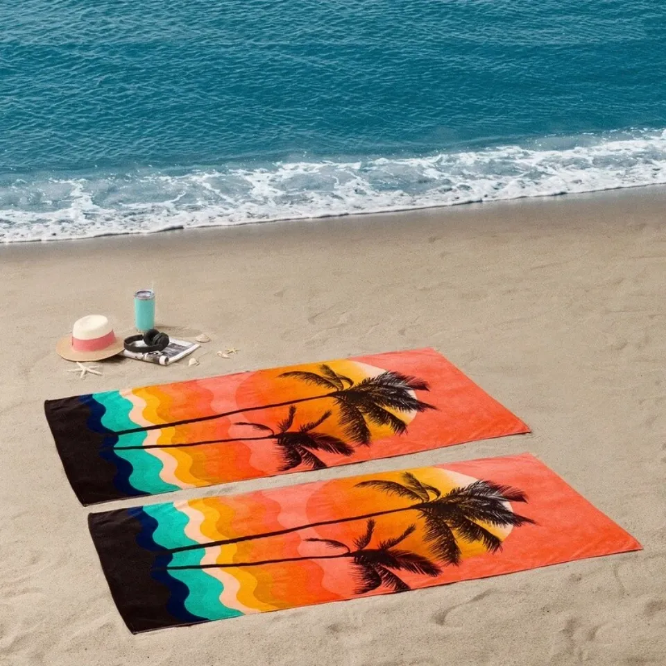Oversized Beach Towels Set 2 Cotton Blend Lightweight Palm Print Hanging Loop US