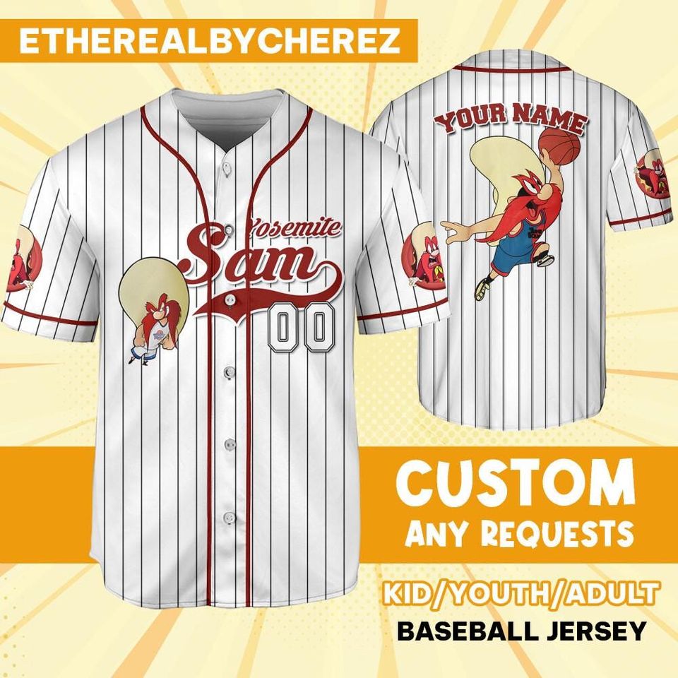 Personalize Yosemite Sam Jersey Red White, Baseball Jersey, Custom Kids, Youth, Adult, Birthday, Cartoon Team Outfit