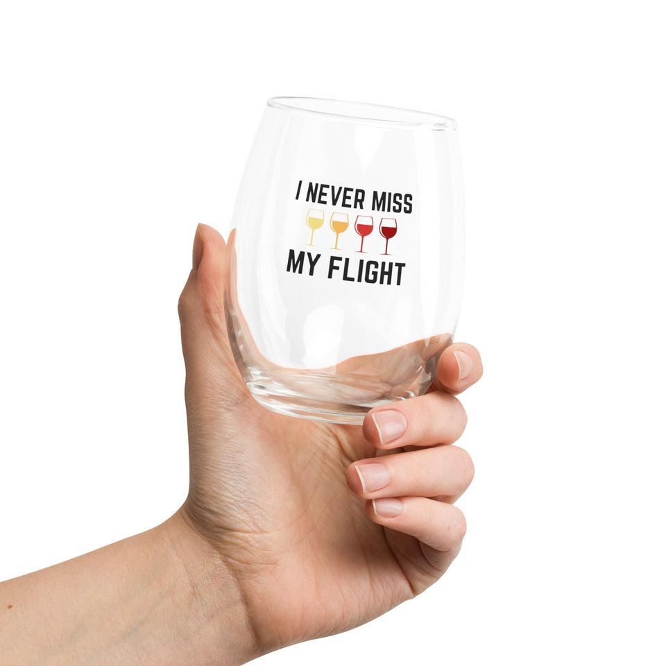 I Never Miss My Flight Stemless Wine Glass | Funny Wine Lover Glassware | Wine Tasting Gift | Cute Gift for Wine Fans
