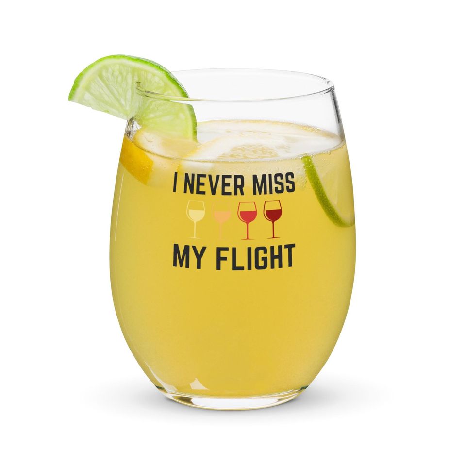 I Never Miss My Flight Stemless Wine Glass | Funny Wine Lover Glassware | Wine Tasting Gift | Cute Gift for Wine Fans