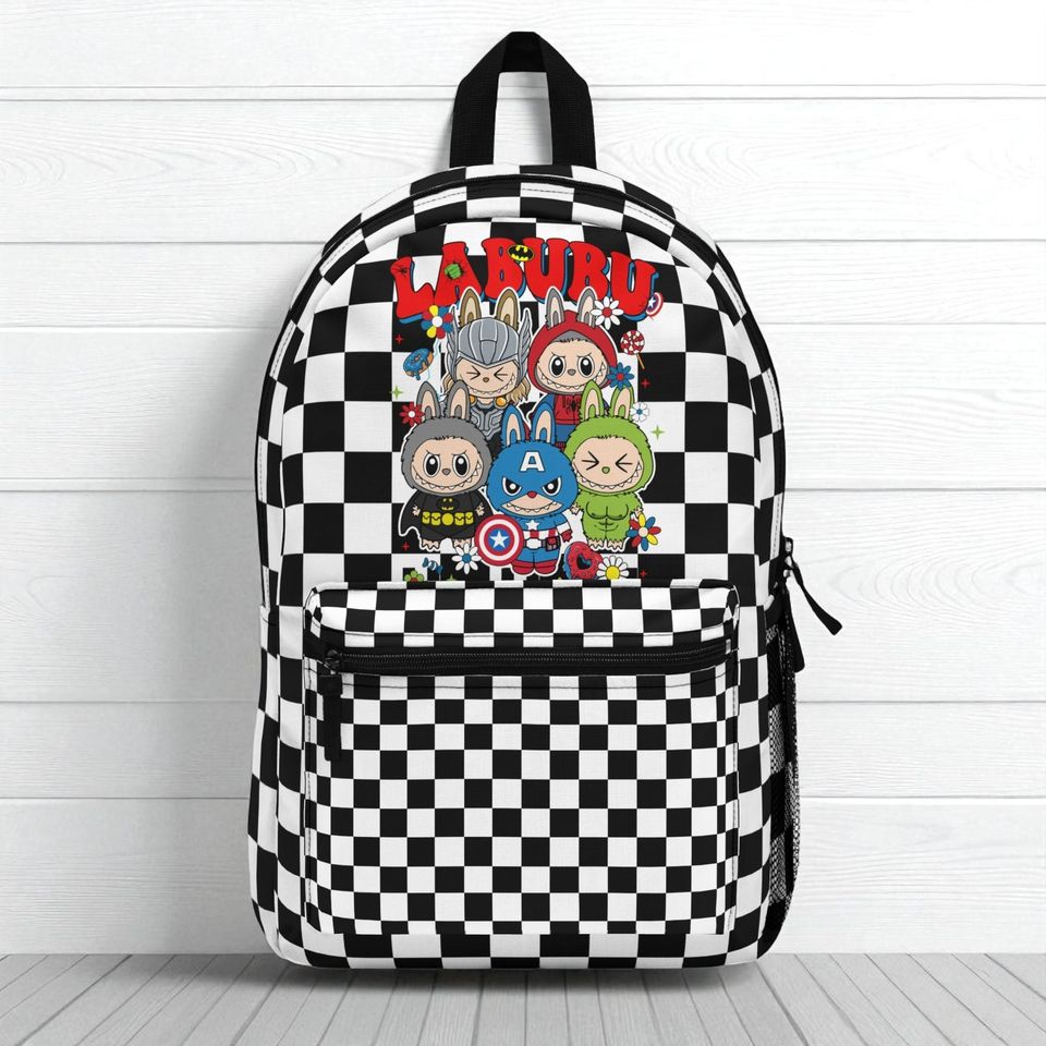 Labubu Inspired Superhero Backpack, Labubu Themed Bag, Checkerd Backpack, Back to School, Labubu Schoolbag
