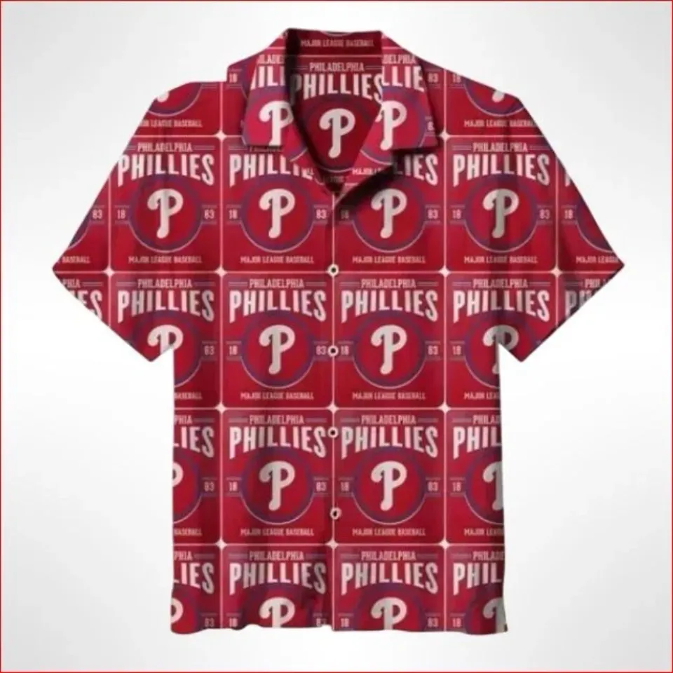 Retro Grid Style Phillies Aloha Shirt In Deep Red Print Hawaiian Shirt