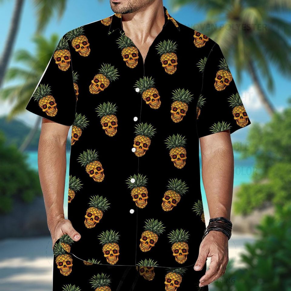 Pineapple Skull Shirt, Permanent Vacation Shirt, Cool Tiki Button Down Shirt, Hilarious Summer Gift