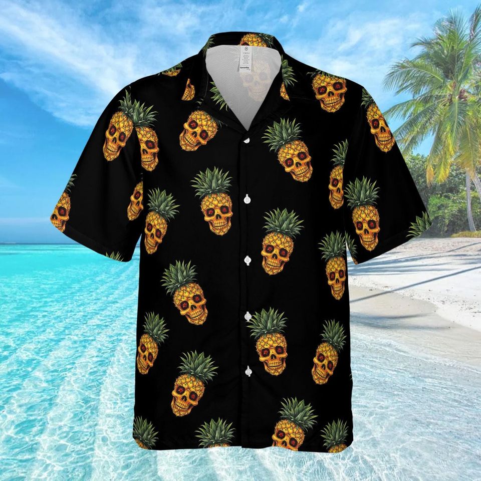 Pineapple Skull Shirt, Permanent Vacation Shirt, Cool Tiki Button Down Shirt, Hilarious Summer Gift