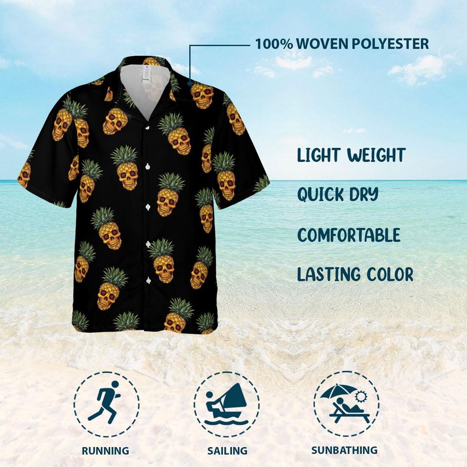 Pineapple Skull Shirt, Permanent Vacation Shirt, Cool Tiki Button Down Shirt, Hilarious Summer Gift